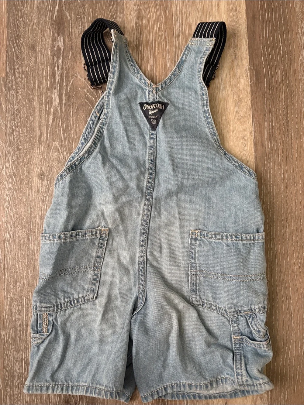 OshKosh B'gosh Light Blue Denim Short Overalls with Striped Straps